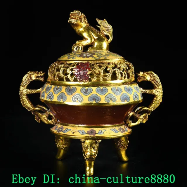 9.4 "xuander cuivre pur scentia émail Dragon bête lion encensoir censer