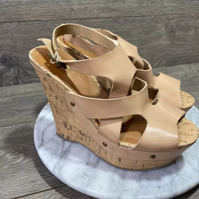 G by Guess Sandals Womens 8 M Brown Cork Wedge Strappy Buckle Open Toe Summer