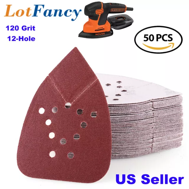 50X 120 Grit Sanding Sheets Sandpaper Mouse Palm Sander Paper 12 Holes Hook Loop