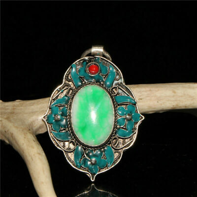 Chinese Old Craft Made Old Tibetan Silver Cloisonne Inlaid Green Jade Pendant