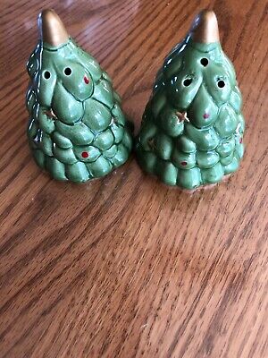 Vintage Green Christmas Tree Salt and Pepper Shakers Decorated Ceramic Trees New