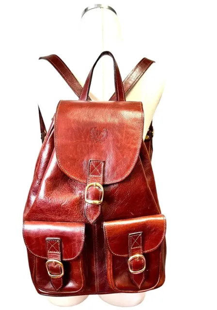 Vintage Leather Backpack Made In Italy Firenze Brown Large