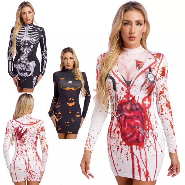 Mujer Halloween Disfraz Esqueleto Bodycon Vestido Fiesta Mini Vestido Cuello Simulado 3