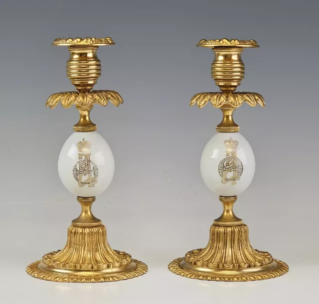 Imperial Russian Antique Pair Gilt Bronze Candleholders Porcelain Easter Eggs