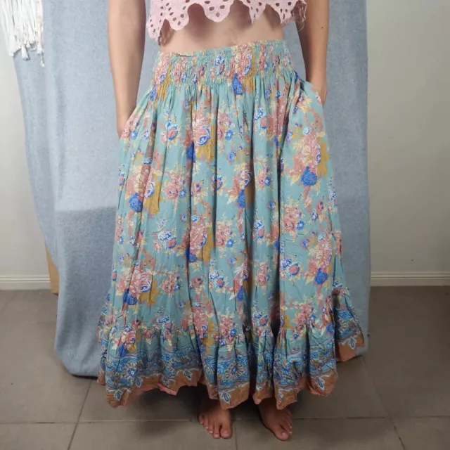 Sambella Maxi Skirt One Size Floral Blue Elastic Waist Stretch Boho Gypsy Hippie