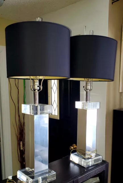Pair Of Mid Century Atomic Age Chrome &  Lucite Mirrored Footed Column Lamps 38"