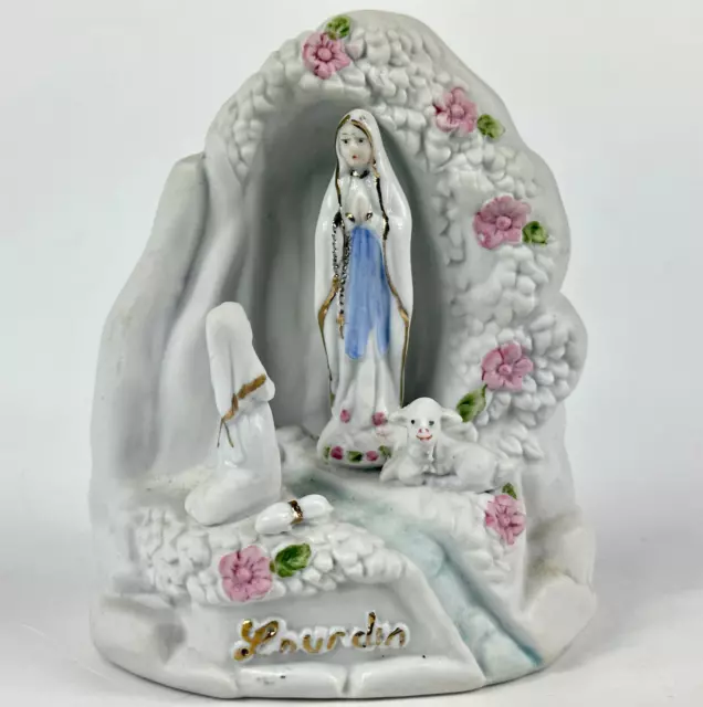 Vintage French Hand Painted Ceramic Bisque Religious Lourdes Souvenir Ornament