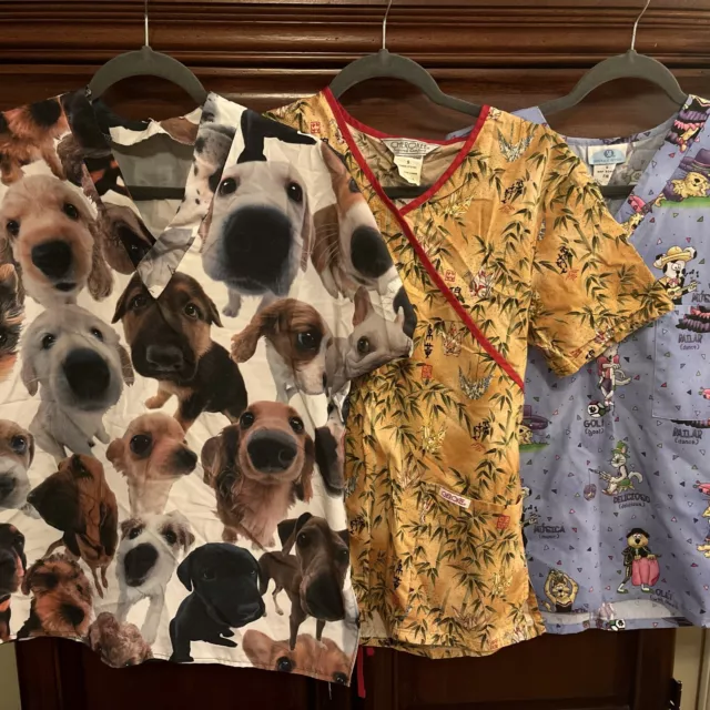 Lot Of 3 Scrub Tops Dog Cat Asian Origami Scrub Tops Cherokee Sb Size Small