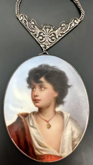 Antique Hand Painted Miniature Portrait On Porcelain Pendant Necklace KPM Style