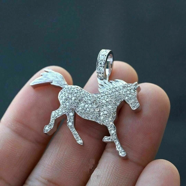 Real Moissanite 2Ct Round Cut Running Horse Pendant 14K White Gold