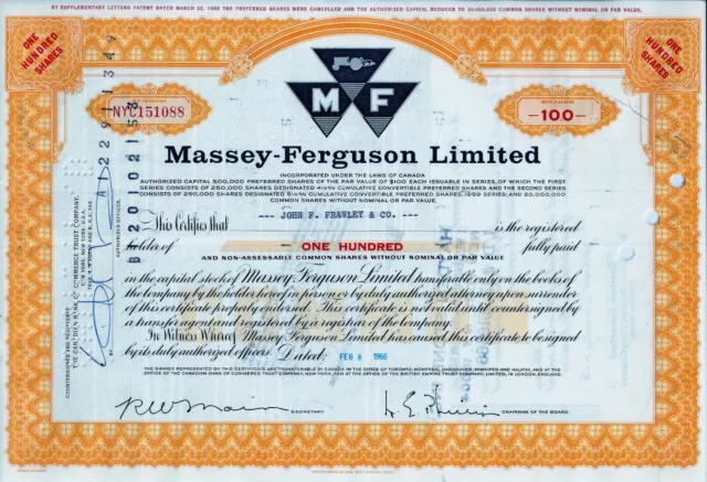 CANADA - Massey-Ferguson Limited, 1966 (100 Shares) gelb, alte Aktienversion