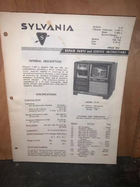 Sylvania Model 75M 75B Television & Record Player Service Data,parts List,etc.