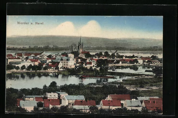 Ansichtskarte Werder a. Havel, Ortsansicht mit See, Kirche und Mühle