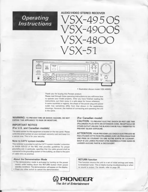 Bedienungsanleitung-Operating Instructions pour Pioneer VSX-51, VSX-4800,