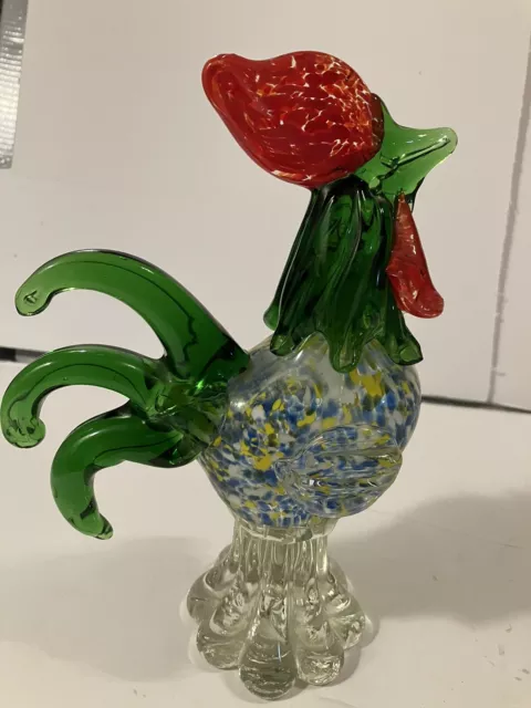 Colorful Murano Style Blown Art Glass Rooster Chicken Figurine 9” Speckled
