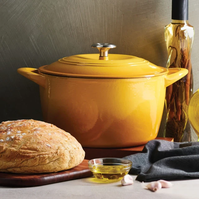 Enameled Cast Iron 7-Quart Covered Round Dutch Oven - SUNRISE color - safe up to