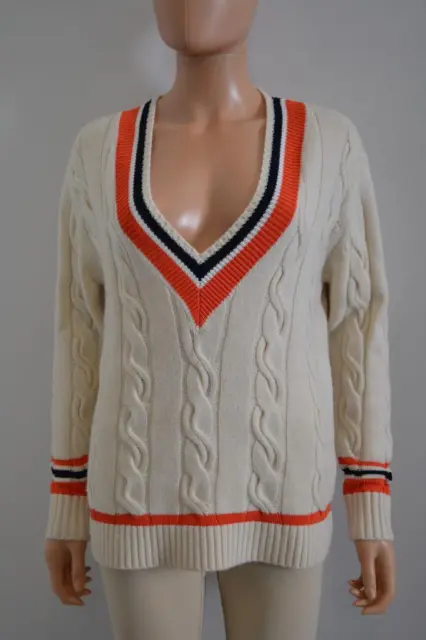 3.1 Phillip Lim Cream/Orange/Blue Cable Knit Wool Blend LS Sweater, Size XS
