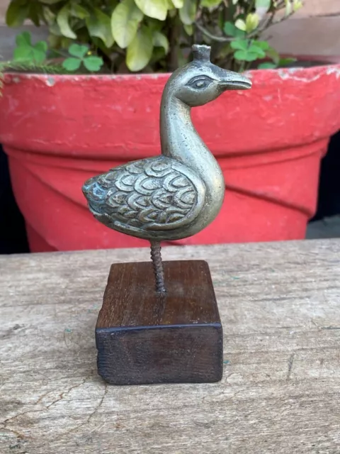 Vintage Old Brass Hand Crafted Wooden Base Beautiful Peacock Figurine Rare