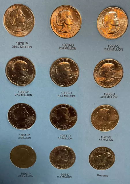 SUSAN B ANTHONY 12-coin set -1979 PDS - 1980 PDS - 1981 PDS ~ 1999 PD Circulated