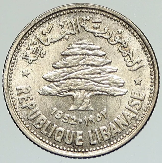 1952 LEBANON Cedar Tree Wreath Antique Genuine Silver 50 Piastres Coin i111851