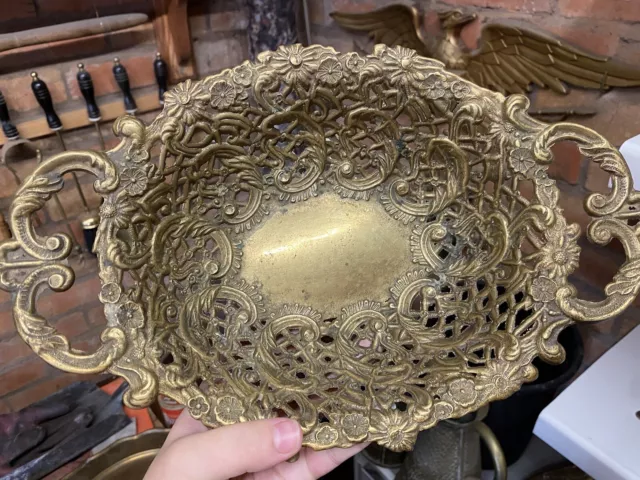 Italian Filigree Solid Brass Bowl Engraved Antique Decor Baroque Rococo