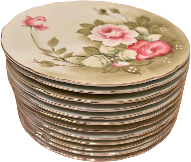12 Vtg LEFTON China Dinner Plates-HERITAGE GREEN w/Pink Roses,9 1/8"