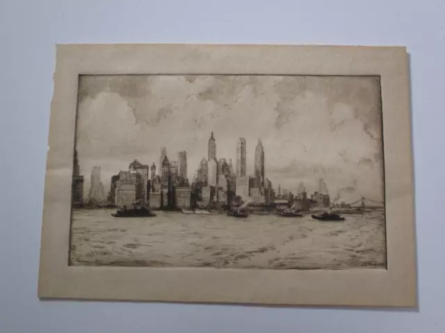 Antique Etching Wpa American Regionalism New York View Landscape Vintage Old