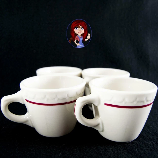 SYRACUSE CHINA 92-F Restaurant Ware 4-Pc Set White & Red Cardinal Line Cups NICE