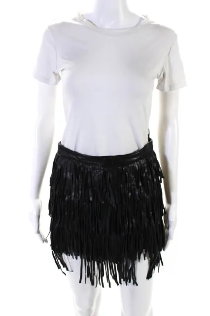 Cusp By Neiman Marcus Womens Leather Fringe Tiered Short Skirt Black Size S