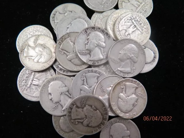 90% Silver Auction. $1 Face. Quarters. 4 ea, Washington Quarters 1964 or Prior.