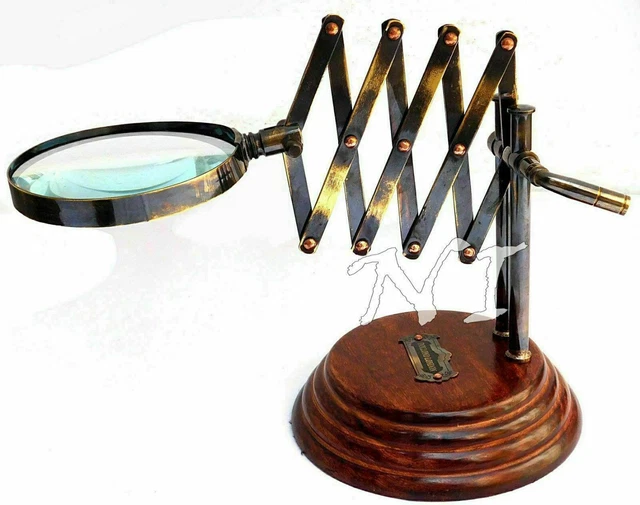 Vintage Magnifying Glass on Wooden Stand Old Desktop Channer Magnifier Brass
