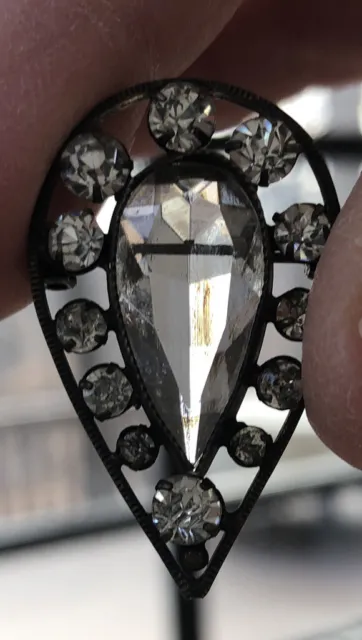 Antique Victorian Czech Paste Open Back Crystal Faceted Brooch Pin Teardrop
