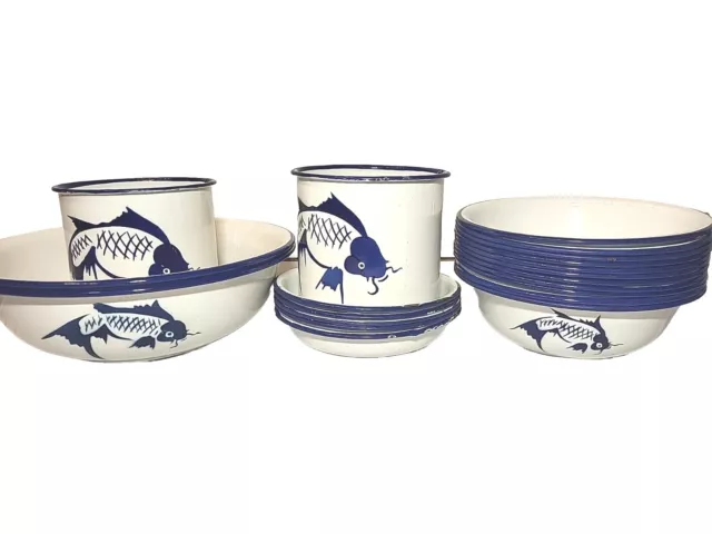 VINTAGE BUTTERFLY BRAND Enamelware Koi Fish Enamel White and Blue Plate 10  $6.99 - PicClick
