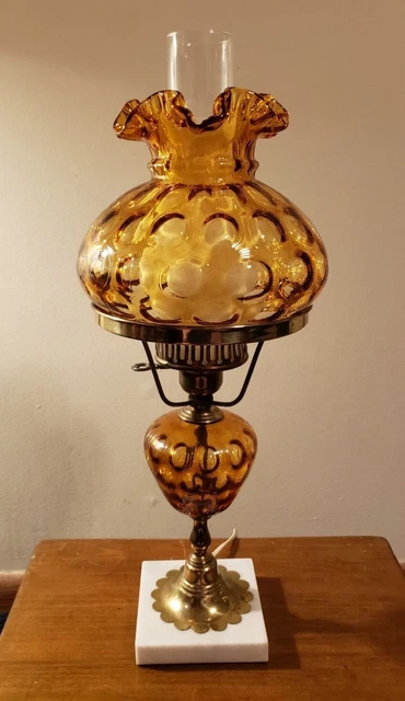 Fenton Art Glass Amber Coin Dot Hurricane GWTW Lamp