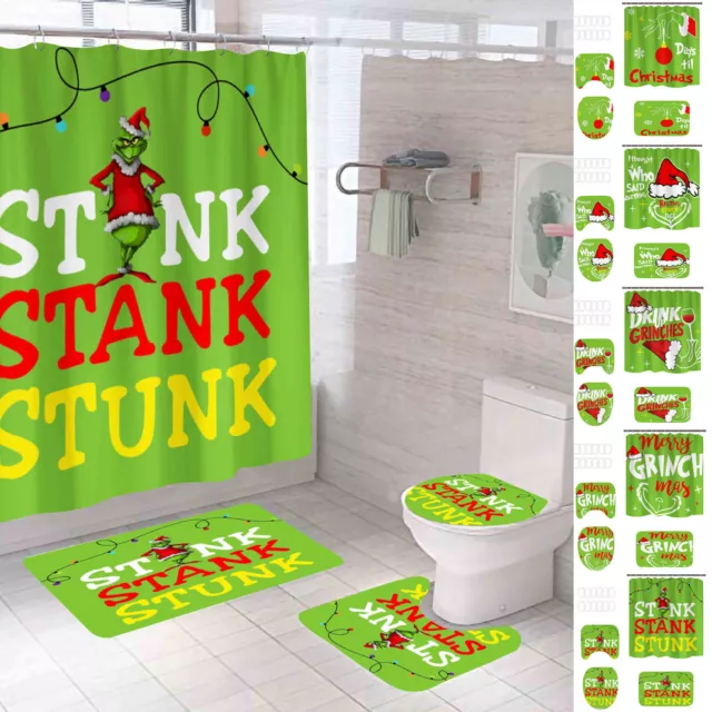 Christmas Santa Grinch Bathroom Shower Curtain Bath Mat Lid Toilet Cover Rugs 4