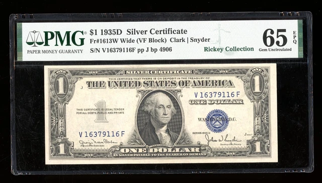 DBR 1935-D $1 Silver Gem Fr. 1613W Wide VF Block PMG 65 EPQ Serial V16379116F