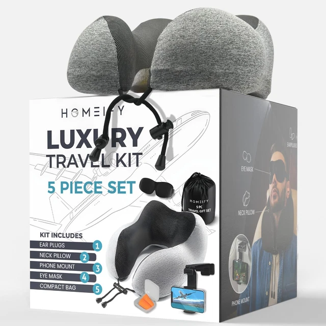 Neck Pillow Includes Travel Pillow + Airplane Phone Holder Mount + Eye Masks +