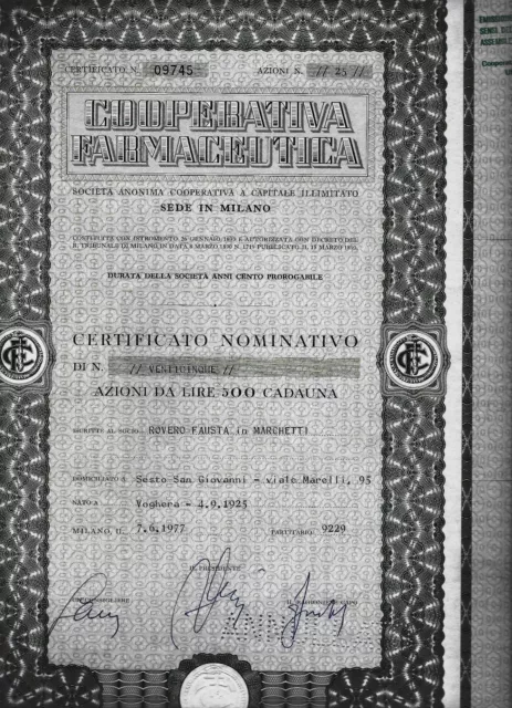 1977 * Milano Cooperativa Farmaceutica * Azione Autentica E Circolata 3 2