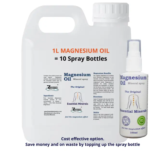 100Ml + 1L Refill Ultra Pure Max Strength  Zechstein Magnesium Oil Spray