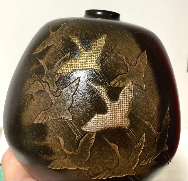 Crane bird Bronze Vase 6.6 inch Japanese Vintage