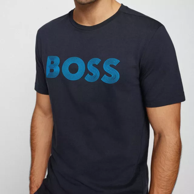 NWT HUGO BOSS Cotton-Jersey T-Shirt with FINELINE LOGO ARTWORK Dark Blue M / XL 2