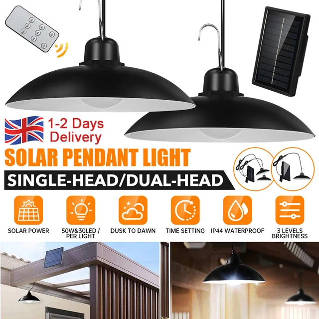 2 Heads LED Solar Power Pendant Hanging Light Garden Yard Shed Lighting + Remote