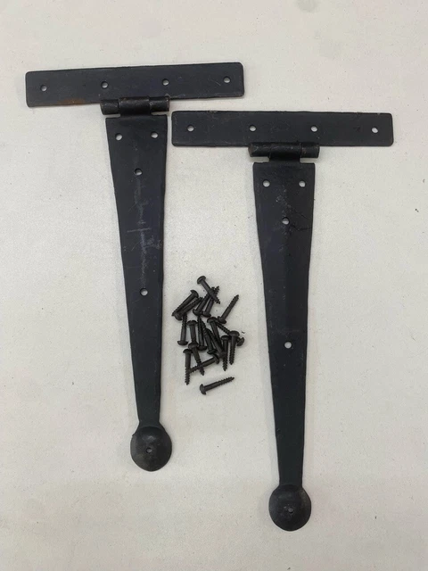 Dished End Tee Hinges 1 Pair Vintage Retro Look Hand Forged 9" T Strap Waxed 826