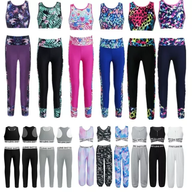 Kids Girls Gymnastics Tracksuit Dance Outfit Workout Tanks Crop Top Leggings Set