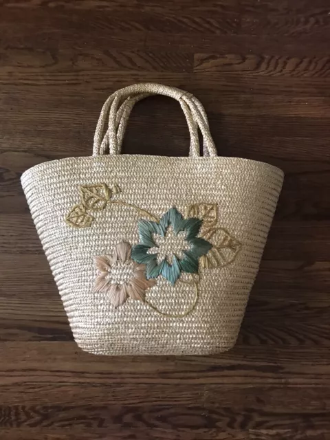 Vintage Straw Tote Bag Woven Floral Flowers Raffia Purse Green Gold Beach Purse