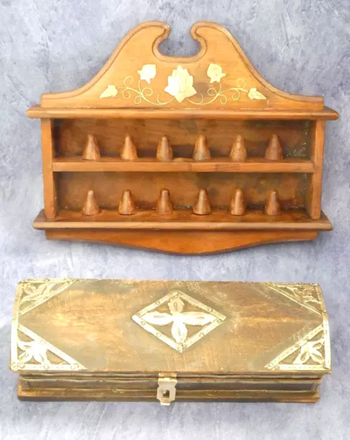 Vintage Wood Brass Handmade Indian Incense Box and Necklace Key Peg Hanger