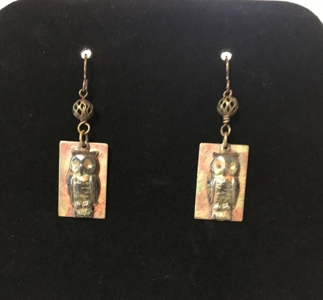 WMS Owl Earrings 3D Dangle Old Brass Color Rust Effect 2" Long * 0.5"