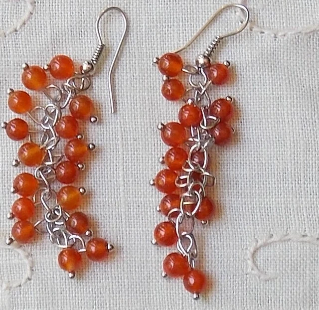 BOUCLES D'OREILLES EN PIERRE FINE BOULES de CORNALINE     EN GRAPPE