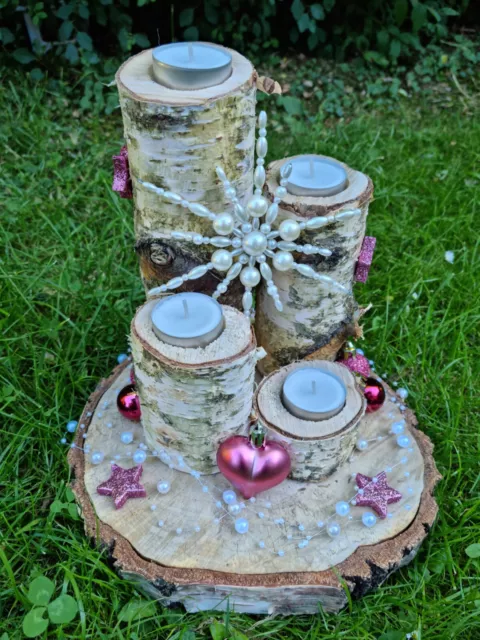 Adventskranz Adventsgesteck Holzkranz Holzscheibe rose rosa perlmutt