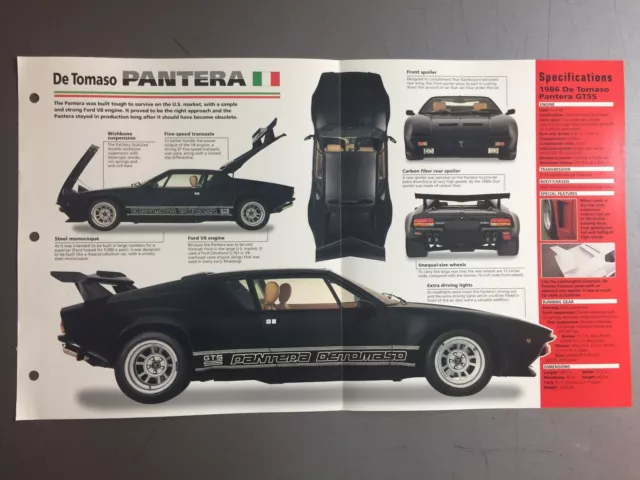 1971 - 1996 De Tomaso Pantera Poster, Spec Sheet, Folder, Brochure - Awesome
